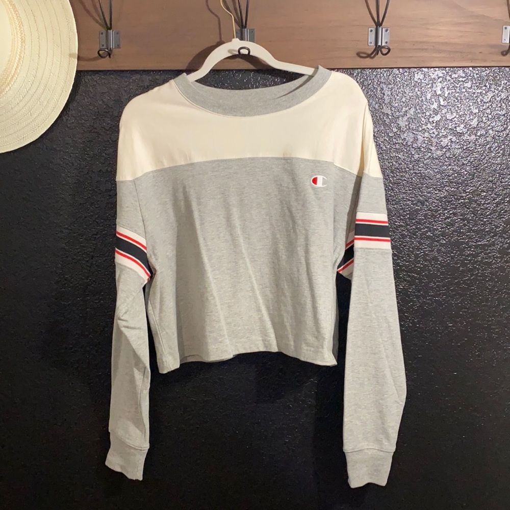 CHAMPION GREY CROPPED FIT HOODIE SWEATSHIRT